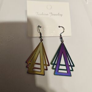 Fashion Jewelry Iridescent Green Purple Gold Triangle Drop Earrings